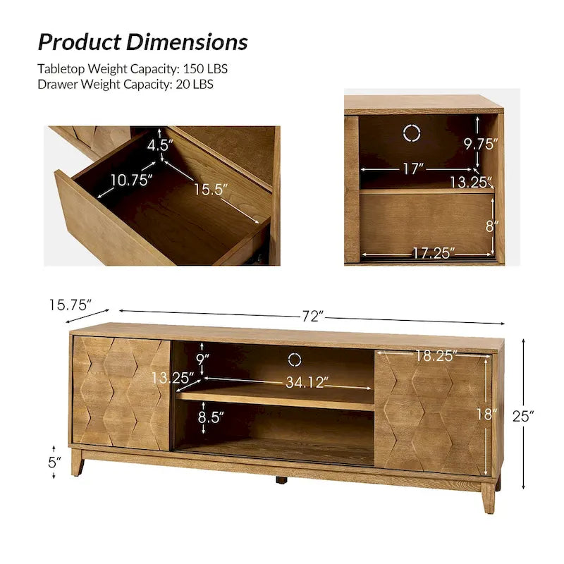 Meuble TV August Modern Media Console avec 2 tiroirs et portes coulissantes pour téléviseurs jusqu'à 78 po