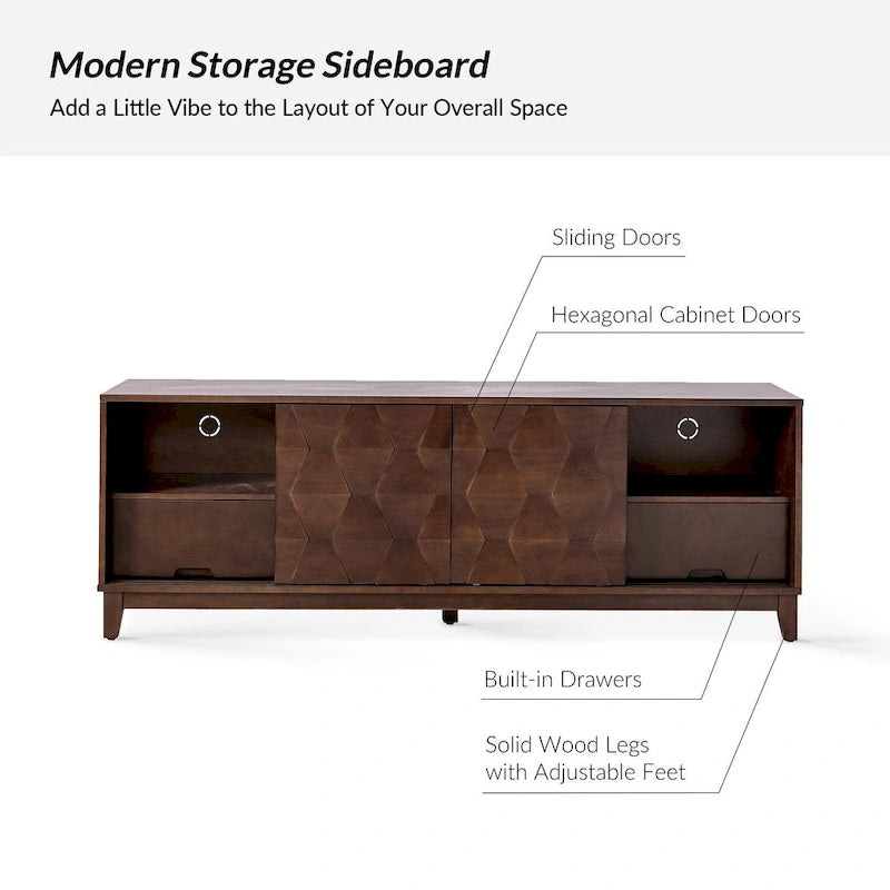 Meuble TV August Modern Media Console avec 2 tiroirs et portes coulissantes pour téléviseurs jusqu'à 78 po