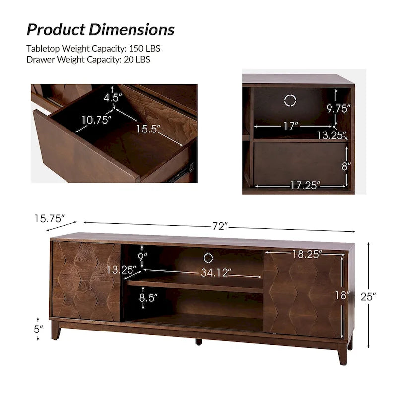 Meuble TV August Modern Media Console avec 2 tiroirs et portes coulissantes pour téléviseurs jusqu'à 78 po