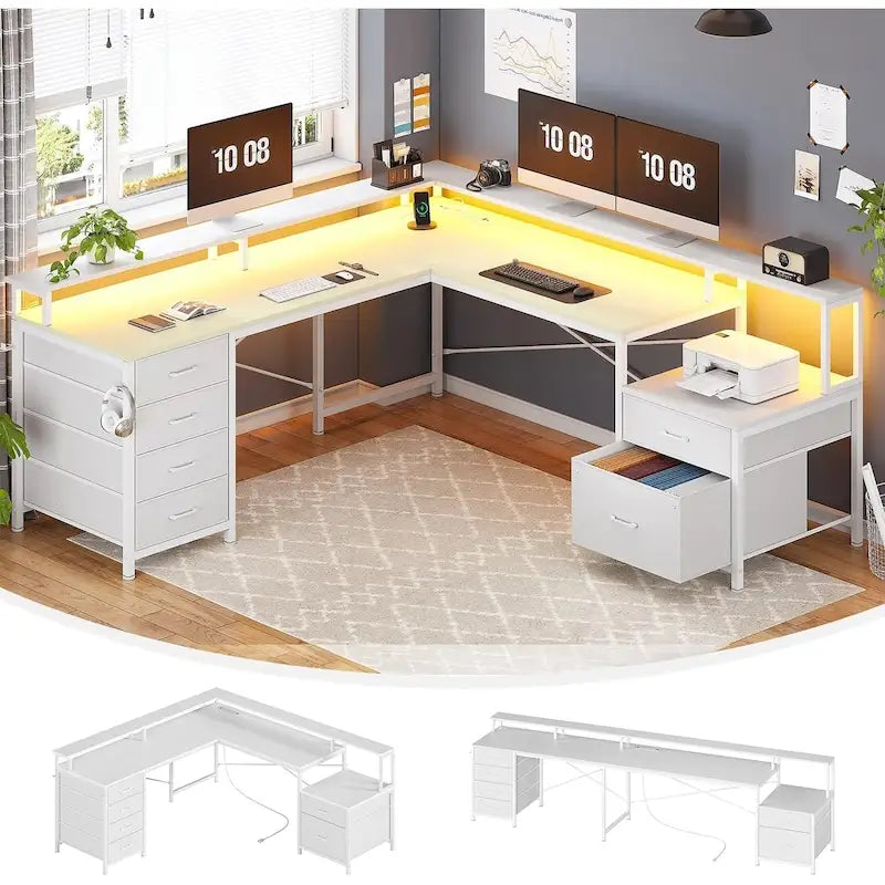 Bureau d'angle pour bureau à domicile avec 6 tiroirs classeurs et prise de courant