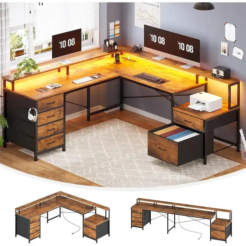 Bureau d'angle pour bureau à domicile avec 6 tiroirs classeurs et prise de courant
