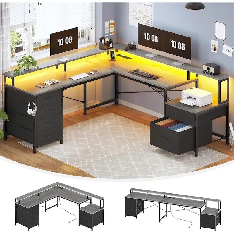 Bureau d'angle pour bureau à domicile avec 6 tiroirs classeurs et prise de courant