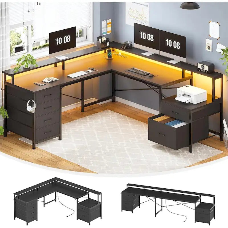 L Shaped Home Office Desk with 6 Drawer File Drawer Power Outlet