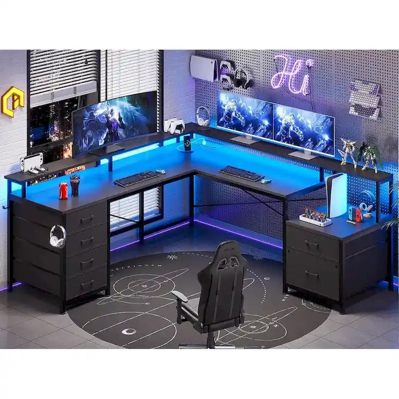Bureau d'angle pour bureau à domicile avec 6 tiroirs classeurs et prise de courant