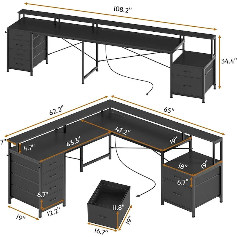 Bureau d'angle pour bureau à domicile avec 6 tiroirs classeurs et prise de courant