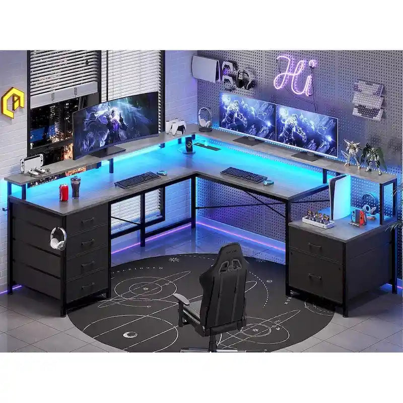 Bureau d'angle pour bureau à domicile avec 6 tiroirs classeurs et prise de courant