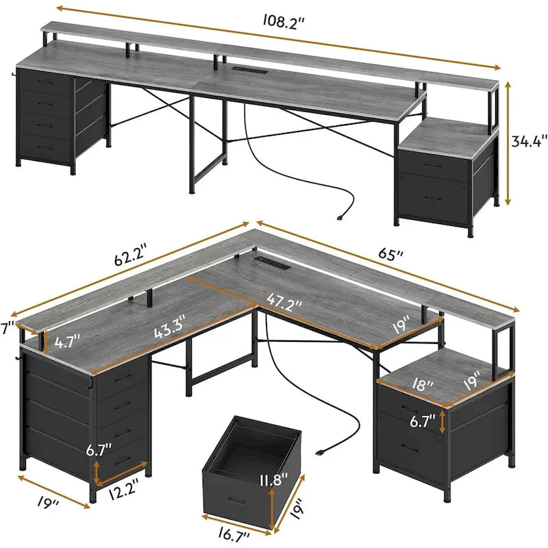 Bureau d'angle pour bureau à domicile avec 6 tiroirs classeurs et prise de courant