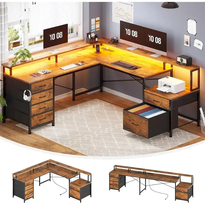 Bureau d'angle pour bureau à domicile avec 6 tiroirs classeurs et prise de courant