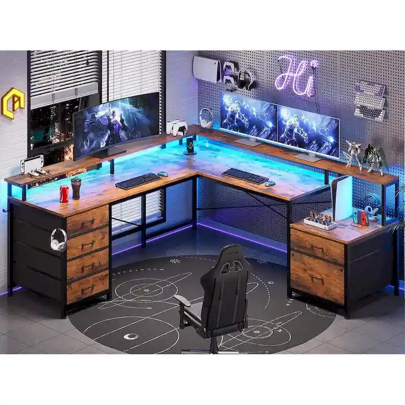 Bureau d'angle pour bureau à domicile avec 6 tiroirs classeurs et prise de courant