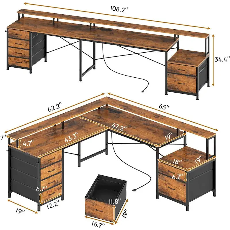 Bureau d'angle pour bureau à domicile avec 6 tiroirs classeurs et prise de courant