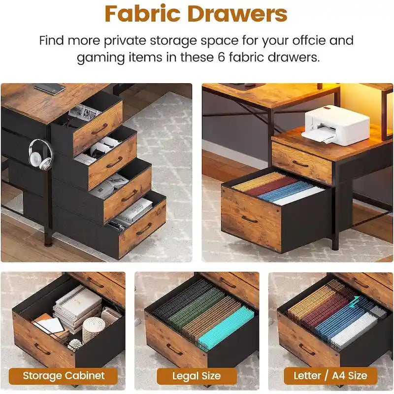 Bureau d'angle pour bureau à domicile avec 6 tiroirs classeurs et prise de courant