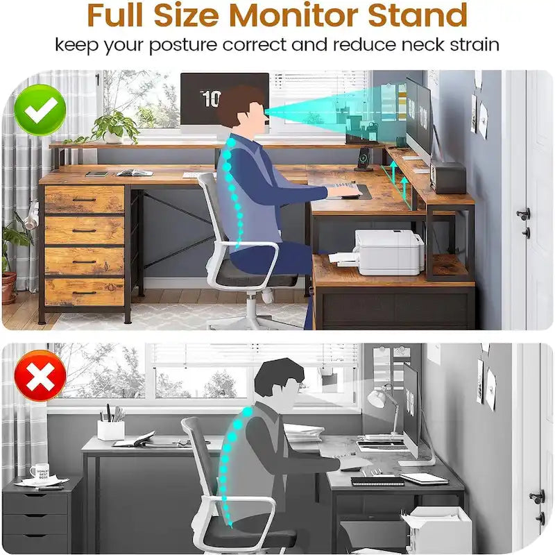 Bureau d'angle pour bureau à domicile avec 6 tiroirs classeurs et prise de courant