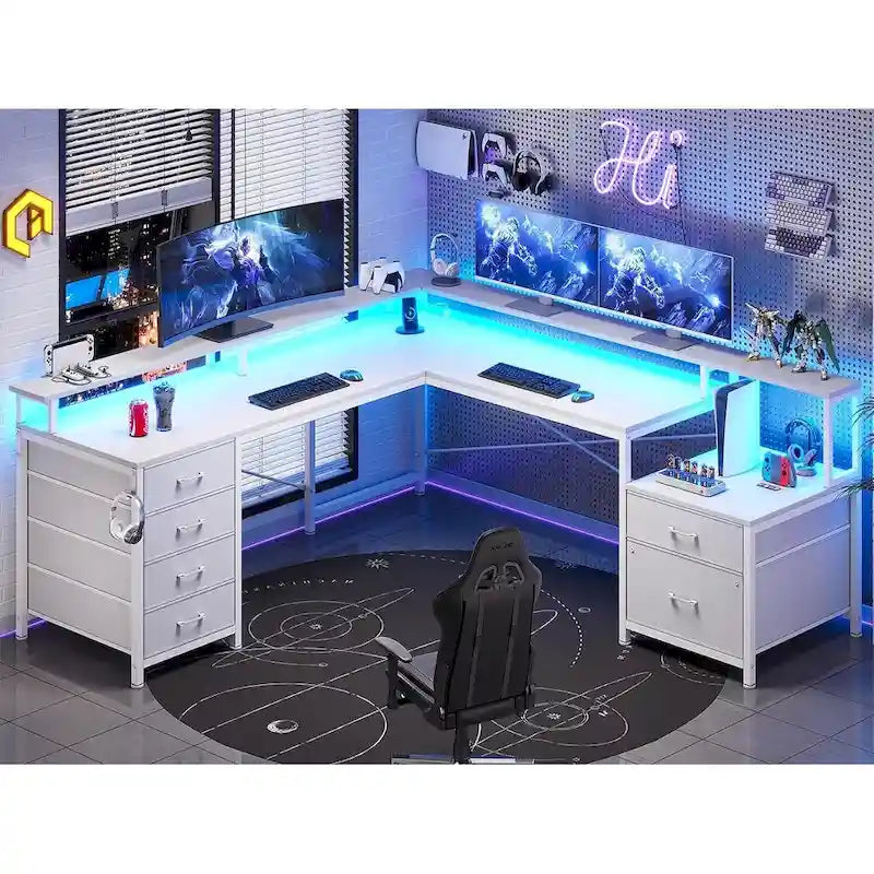 Bureau d'angle pour bureau à domicile avec 6 tiroirs classeurs et prise de courant
