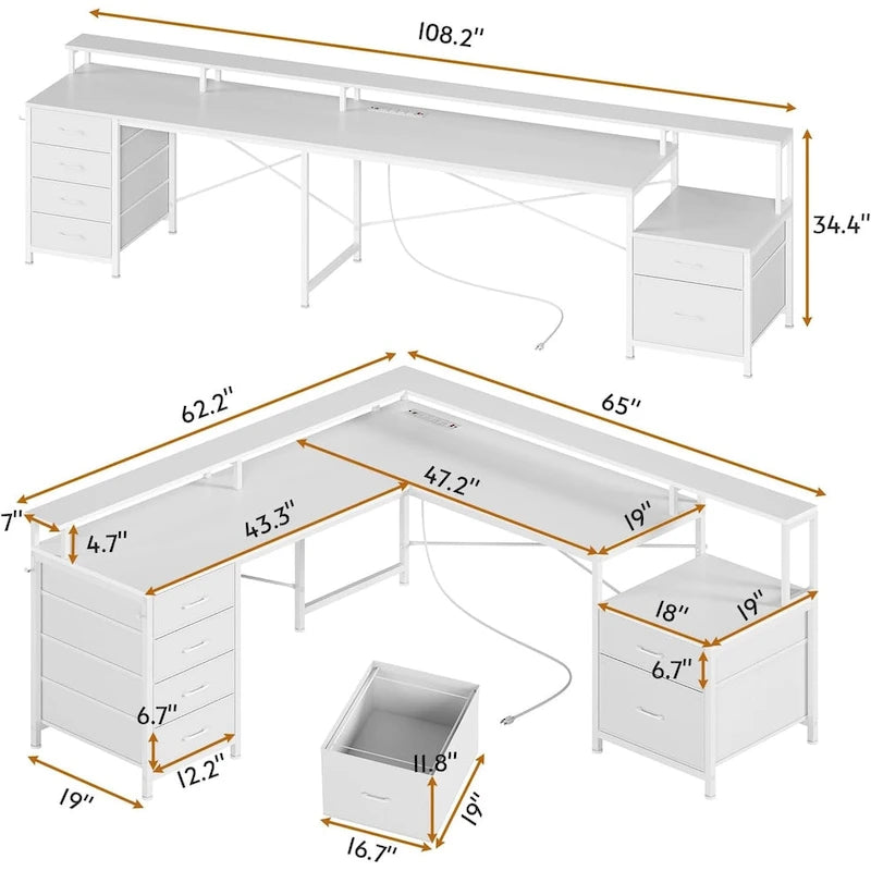 Bureau d'angle pour bureau à domicile avec 6 tiroirs classeurs et prise de courant