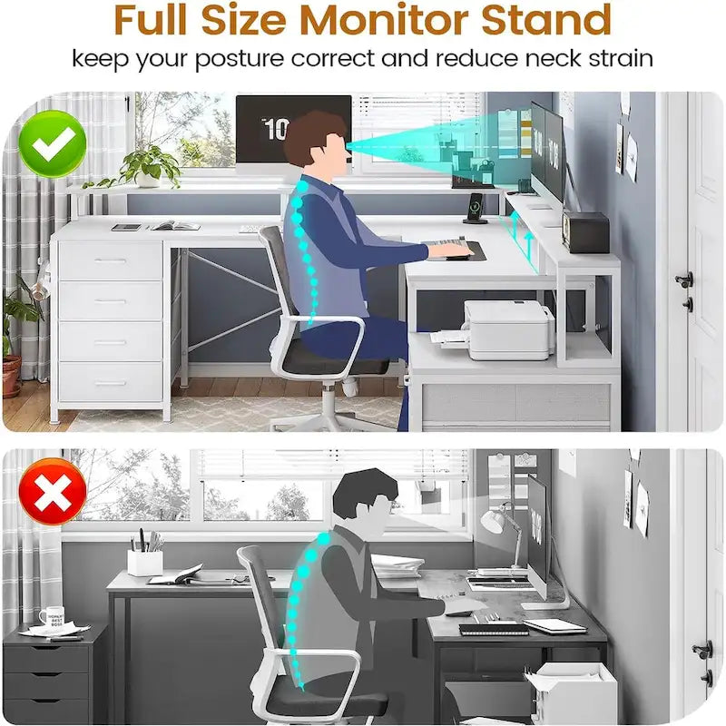 Bureau d'angle pour bureau à domicile avec 6 tiroirs classeurs et prise de courant
