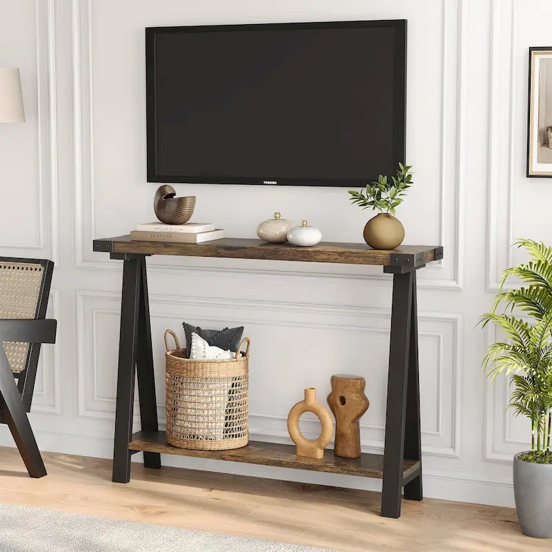 Table console de style rustique de 109,9 cm, table de canapé à 2 niveaux pour salon