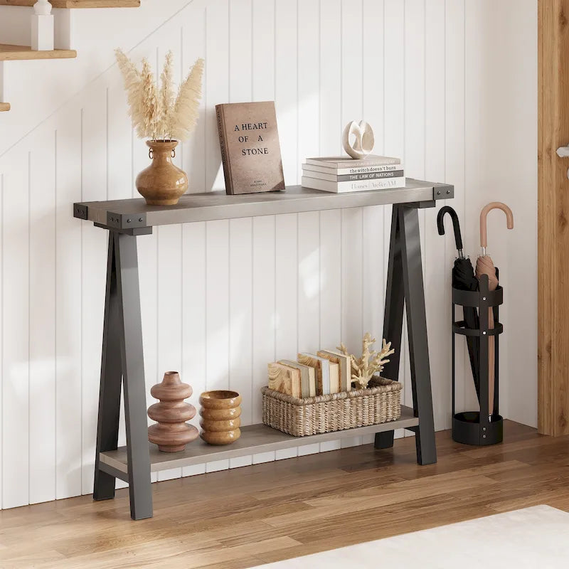 Table console de style rustique de 109,9 cm, table de canapé à 2 niveaux pour salon