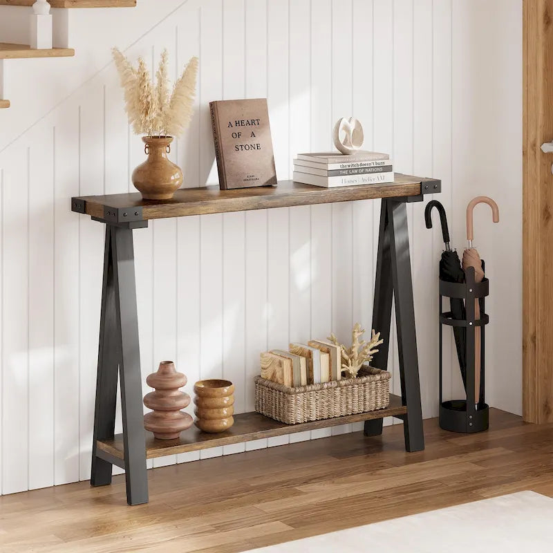 Table console de style rustique de 109,9 cm, table de canapé à 2 niveaux pour salon