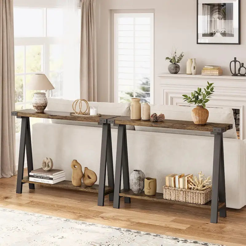 Table console de style rustique de 109,9 cm, table de canapé à 2 niveaux pour salon