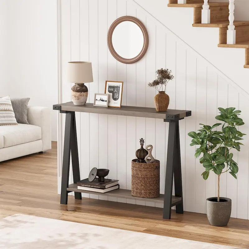 Table console de style rustique de 109,9 cm, table de canapé à 2 niveaux pour salon