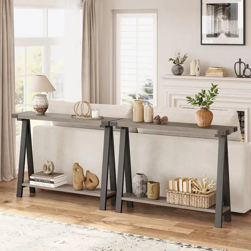 Table console de style rustique de 109,9 cm, table de canapé à 2 niveaux pour salon