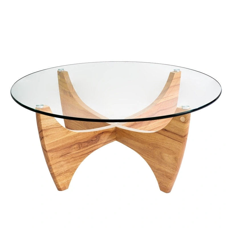 Table basse ronde en bois massif avec plateau en verre – 35,435,416