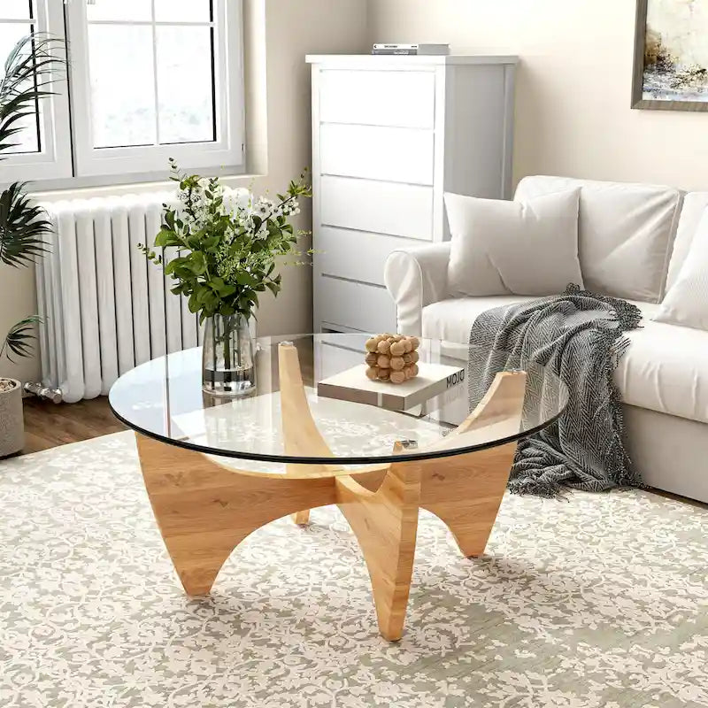 Table basse ronde en bois massif avec plateau en verre – 35,435,416