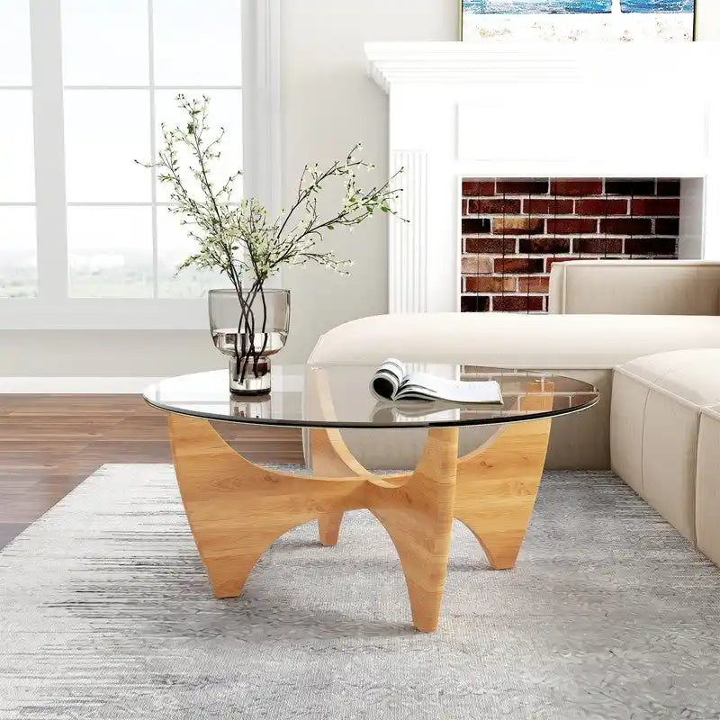 Table basse ronde en bois massif avec plateau en verre – 35,435,416