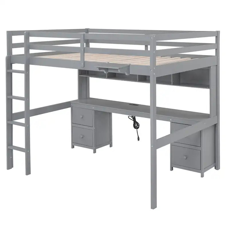 Nestfair Full Size Loft Bed with Desk and Cabinets