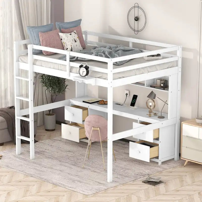 Lit mezzanine pleine grandeur avec bureau et armoires