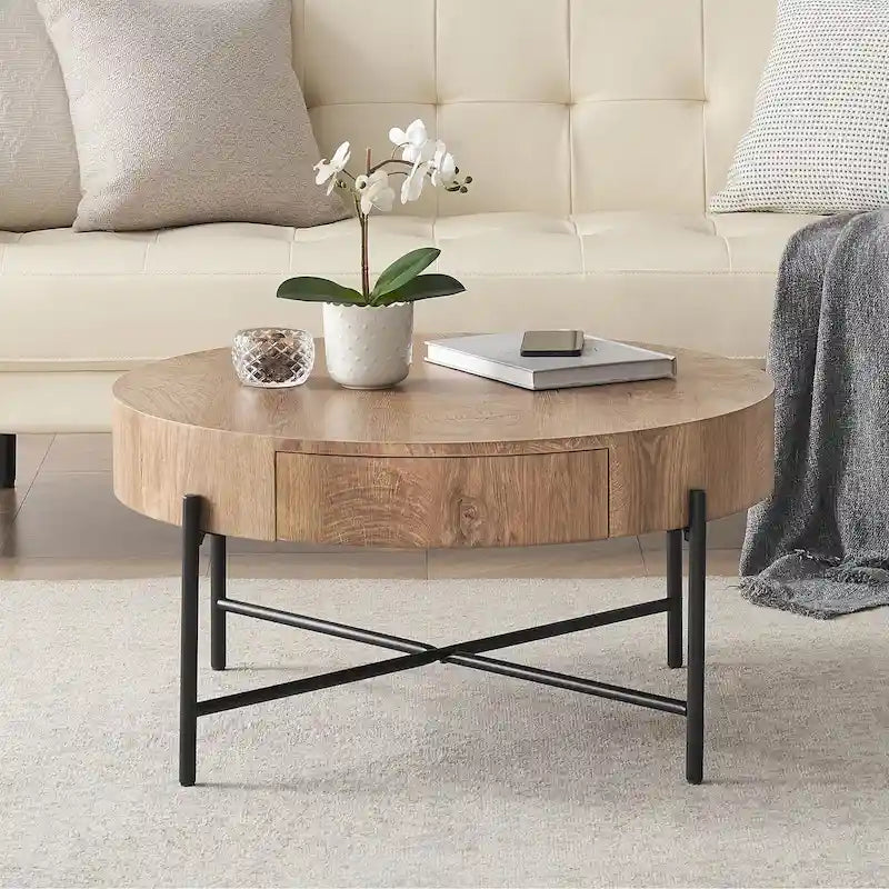 Table basse ronde avec deux tiroirs - Naturel