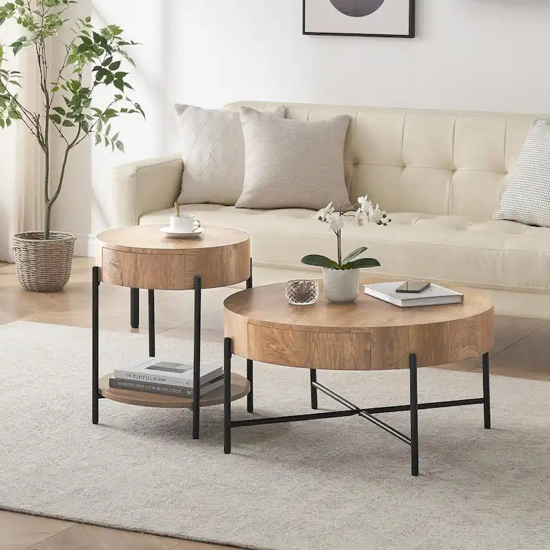 Table basse ronde avec deux tiroirs - Naturel