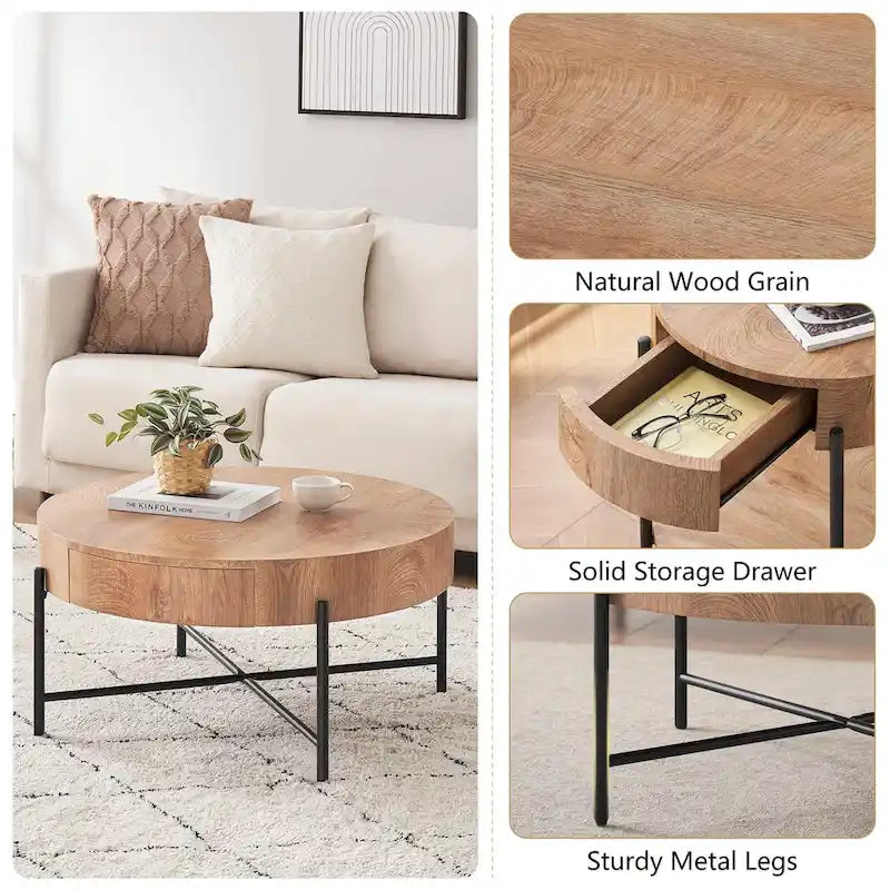 Table basse ronde avec deux tiroirs - Naturel