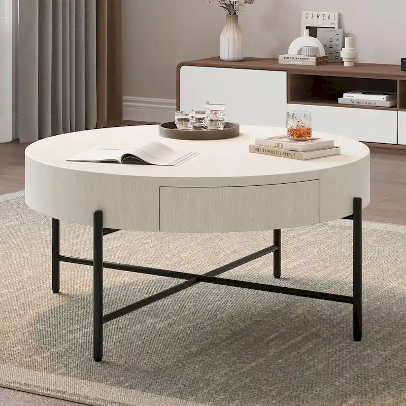 Table basse ronde avec deux tiroirs - Naturel