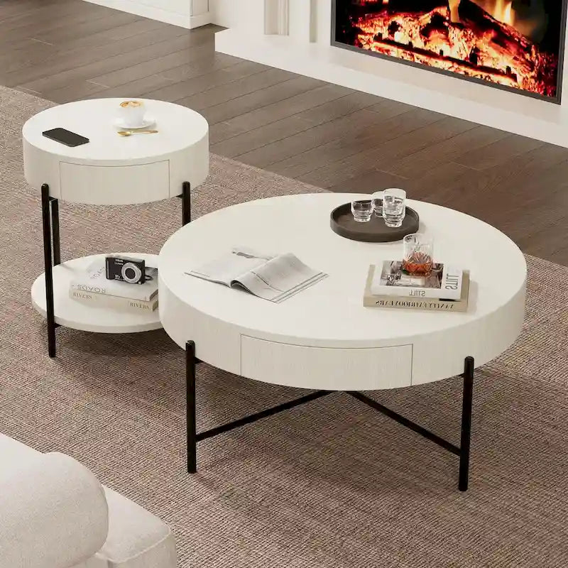 Table basse ronde avec deux tiroirs - Naturel