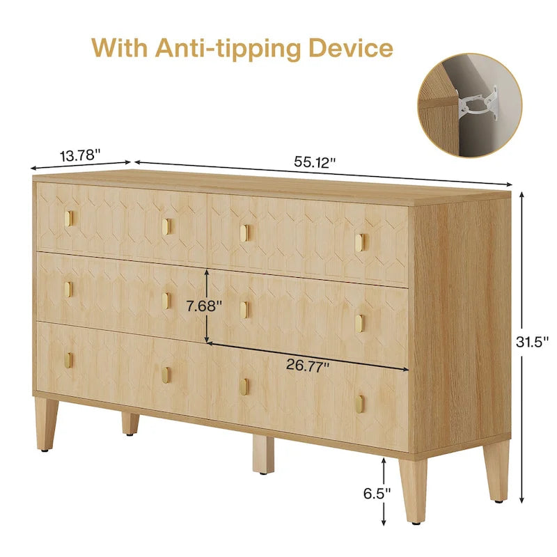 Commode de chambre à coucher de 55 pouces avec tiroirs et pieds en bois massif